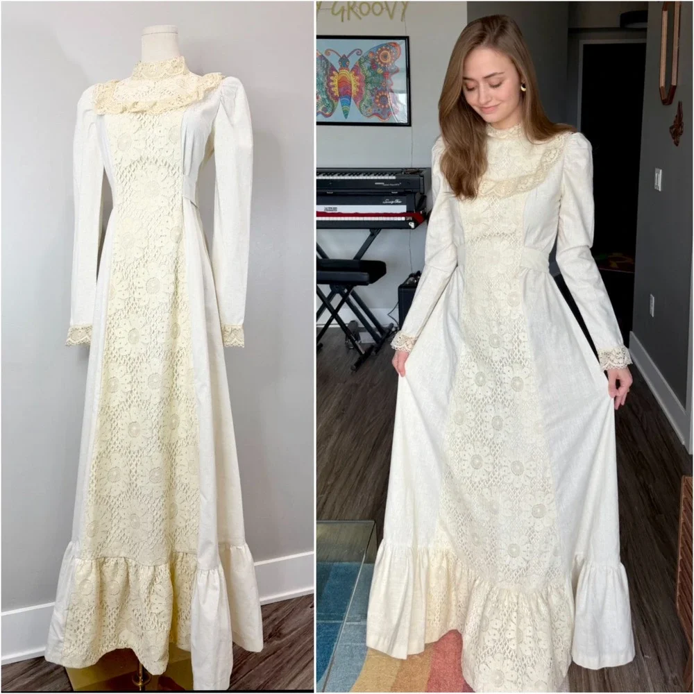 Vintage 1970s Prairie Dress White Cotton Lace Cottagecore Edwardian Victorian M
